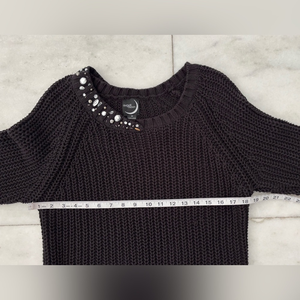 August Moon Sweater Black Embellished Open Chunky Knit Cotton Blend Women Medium - Picture 7 of 9